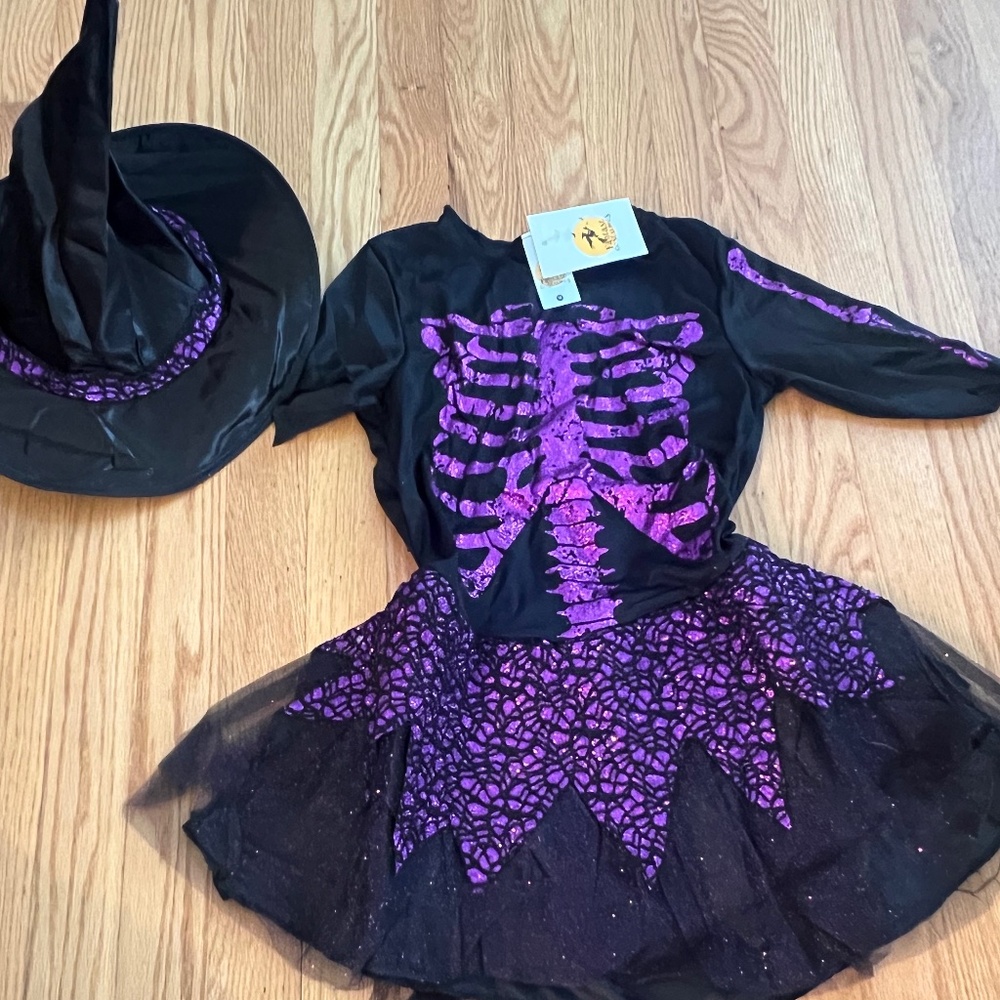 purple glitter and black witch costume
